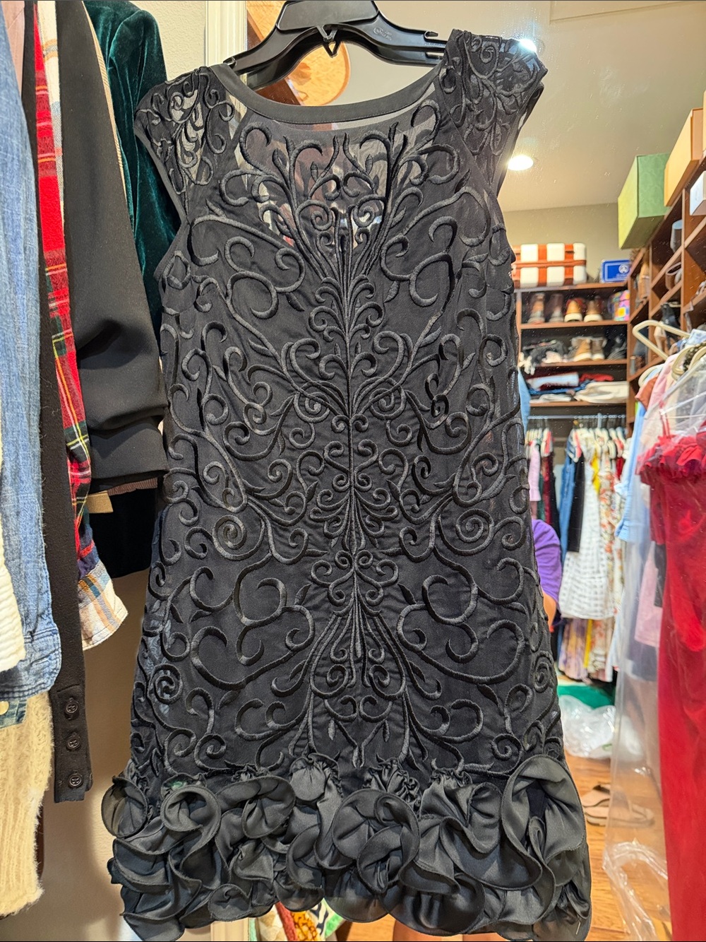 Jessica Simpson Black Embroidered Cocktail Dress with Rosette Hem